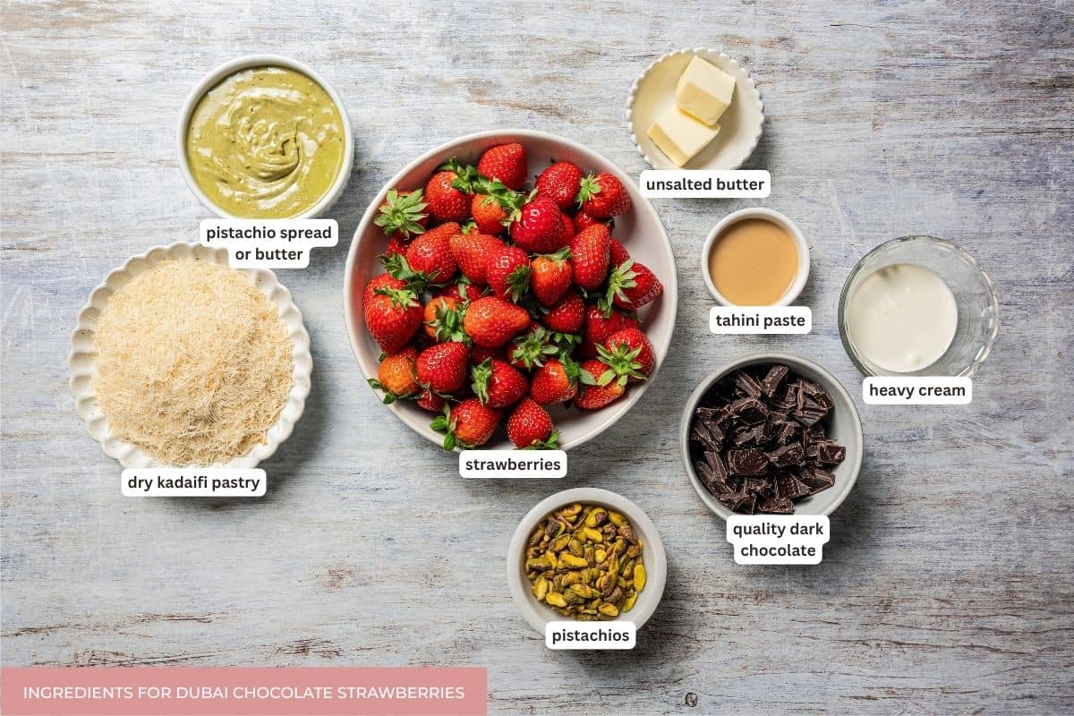 Dubai chocolate strawberries ingredients with text labels.