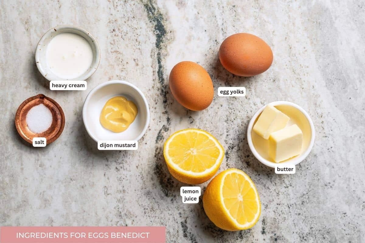 Hollandaise sauce ingredients with text labels overlaying each ingredient.