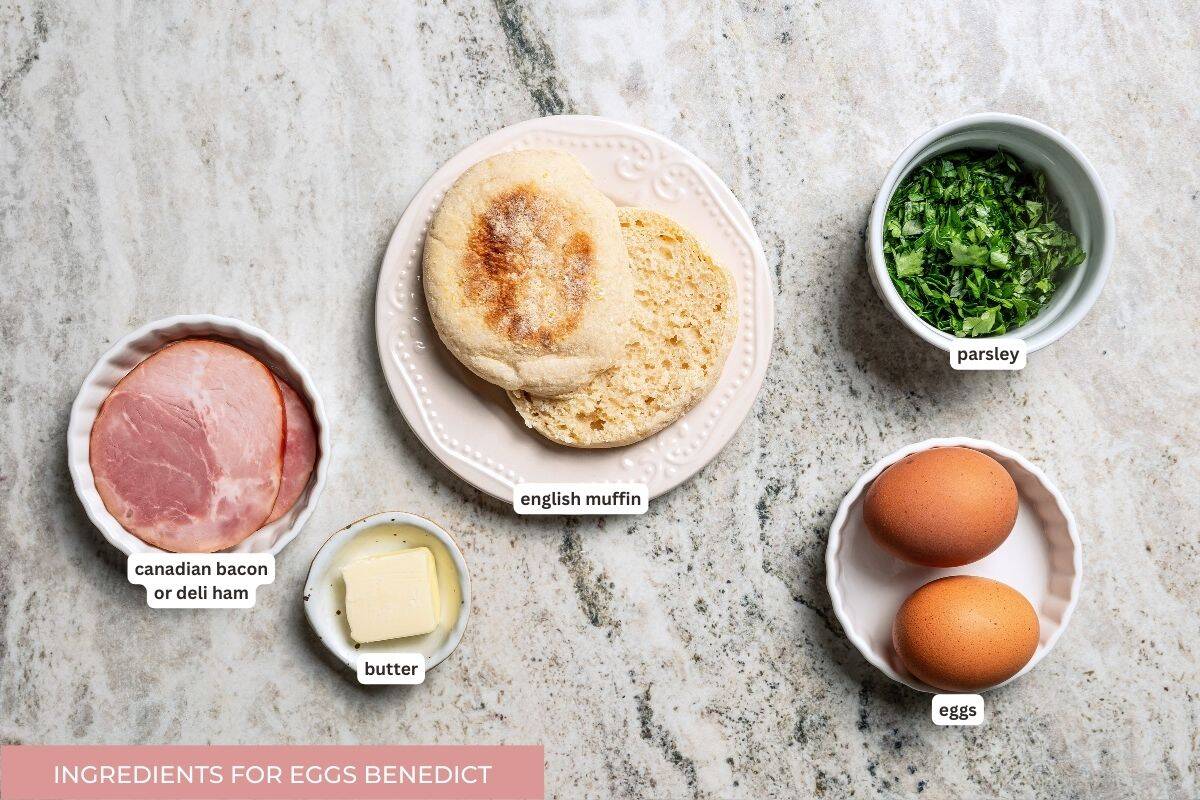 Eggs Benedict ingredients with text labels overlaying each ingredient.