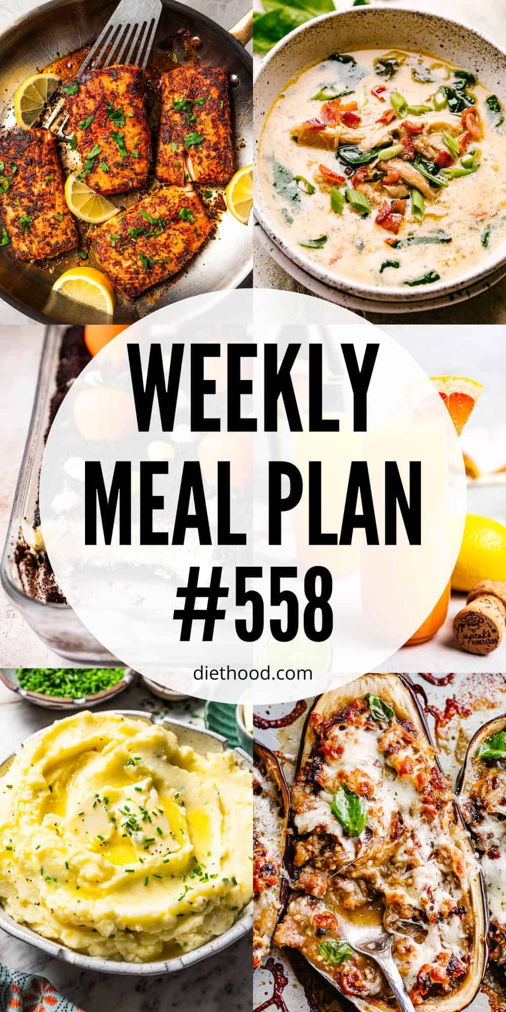 Meal plan food collage with text overlay.