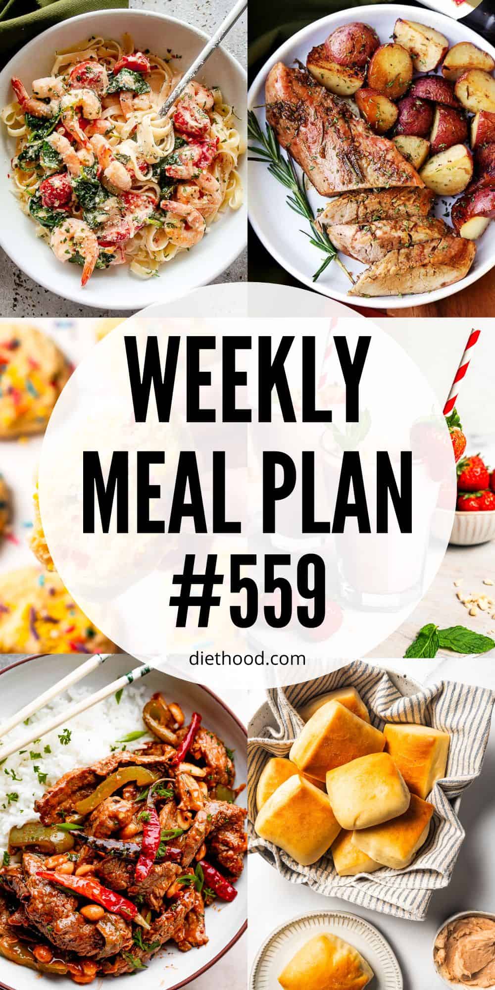 Meal plan food collage with text overlay.