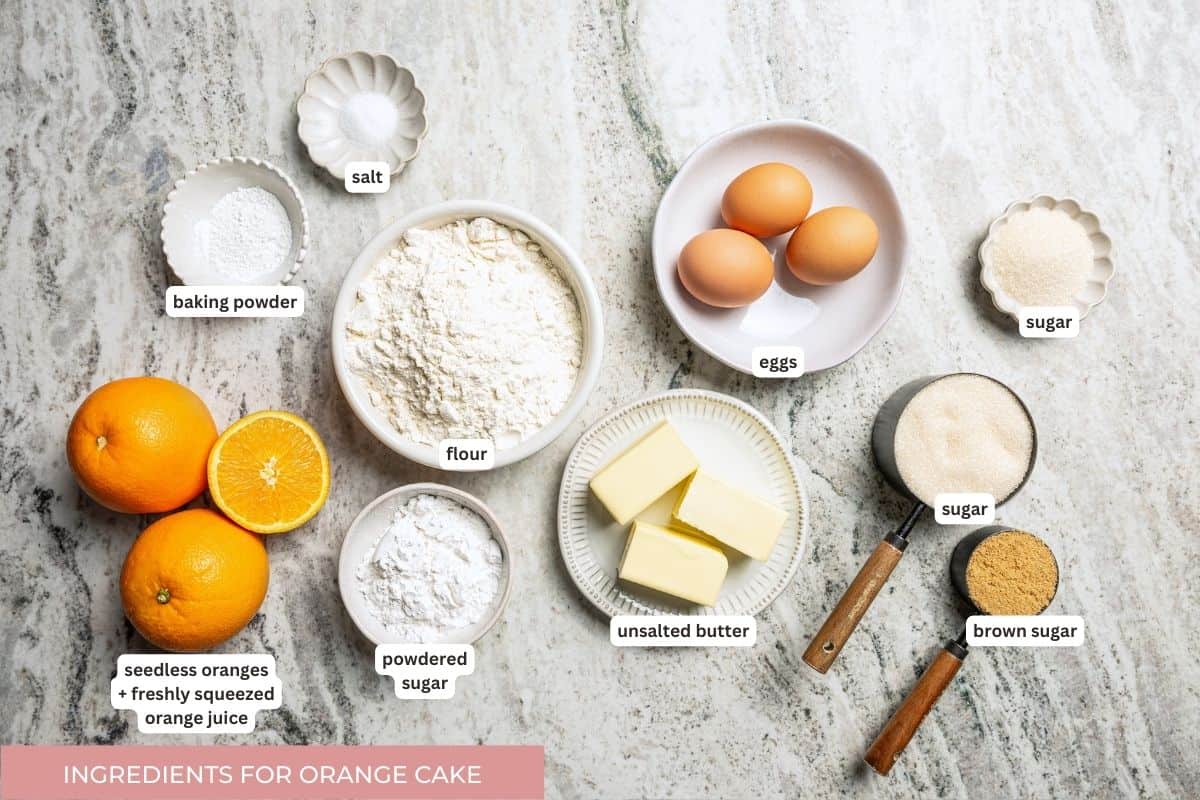 This orange cake recipe uses whole oranges, peels and all! It's moist and full of sweet citrus flavor, drenched in orange glaze. Orange cake ingredients with text labels overlaying each ingredient.