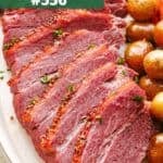 Sliced, slow cooked corned beef.