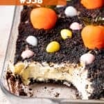 A creamy Oreo dirt cake topped with oreo crumbs and Easter candies.