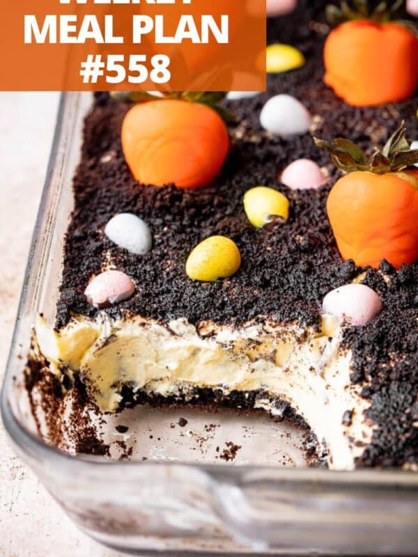 A creamy Oreo dirt cake topped with oreo crumbs and Easter candies.