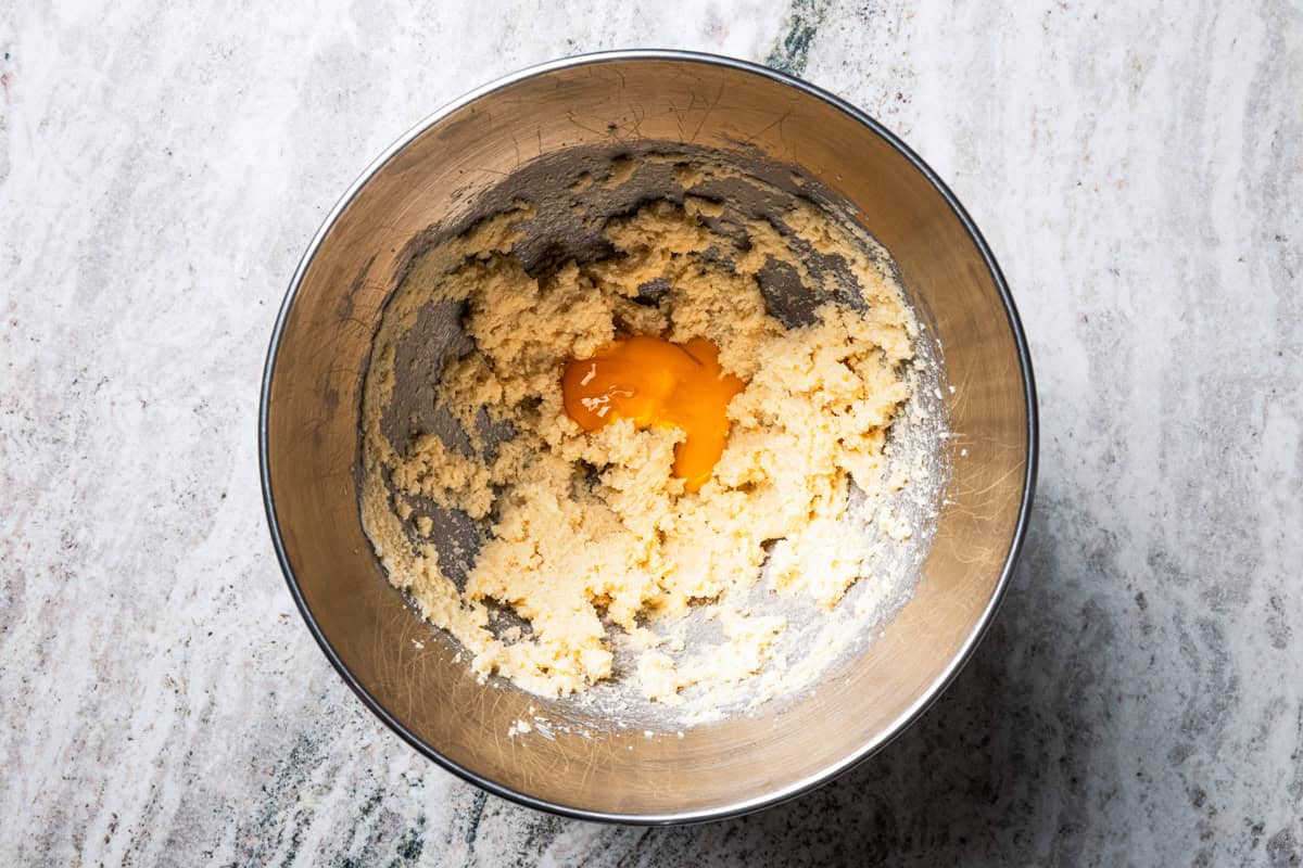 Wet batter ingredients combined in a bowl.