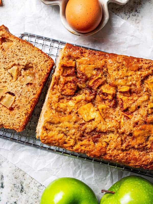 Overhead view of an slice cut from the end of an apple bread loaf.