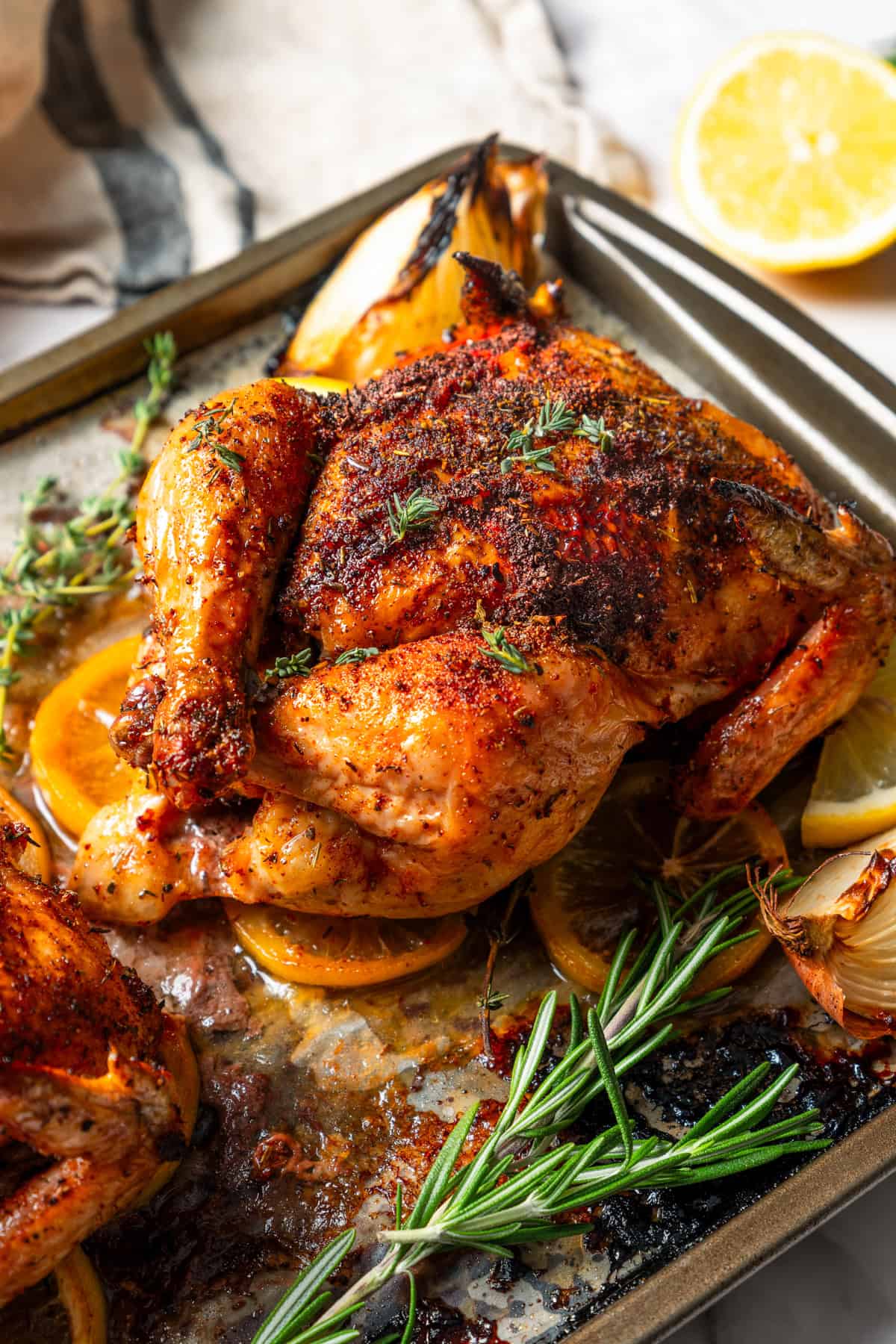 This easy Cornish hen recipe is perfectly juicy and golden-brown, rubbed with savory spices and oven-roasted over a bed of lemon and herbs. Roasted Cornish hen on a baking tray with rosemary sprigs.