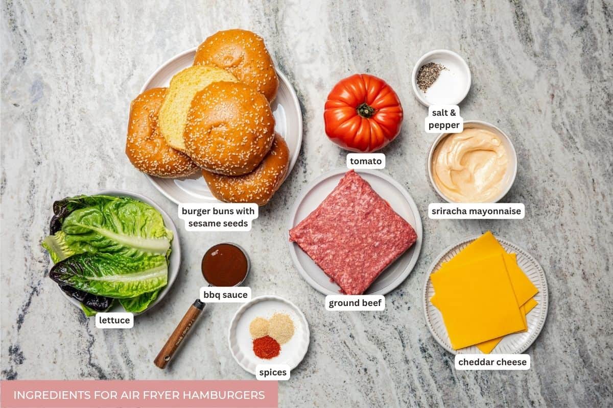 Air fryer hamburger ingredients with text labels overlaying each ingredient.