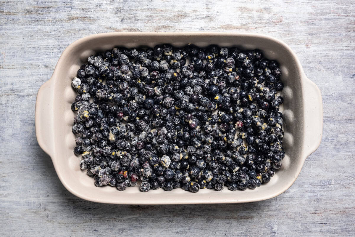 Blueberries spread into the bottom of a baking dish.