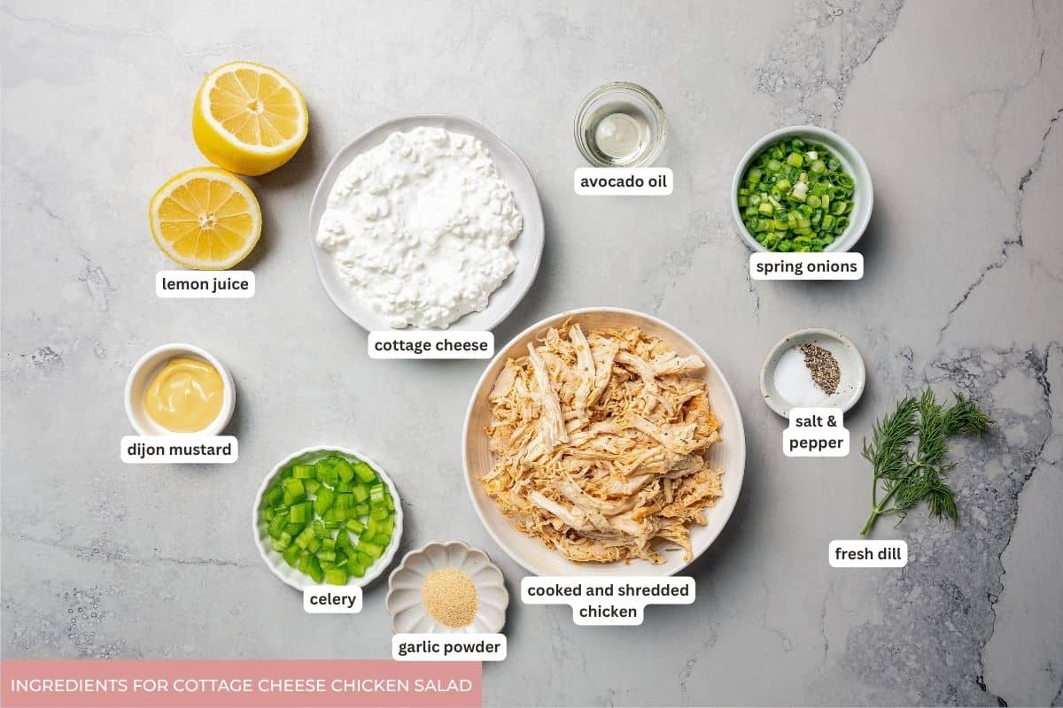 Cottage cheese chicken salad ingredients with text labels overlaying each ingredient.