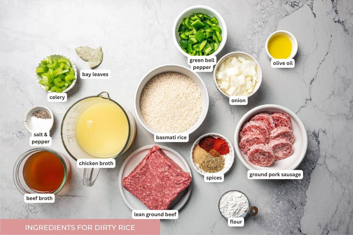 Dirty rice ingredients with labels over each ingredient.