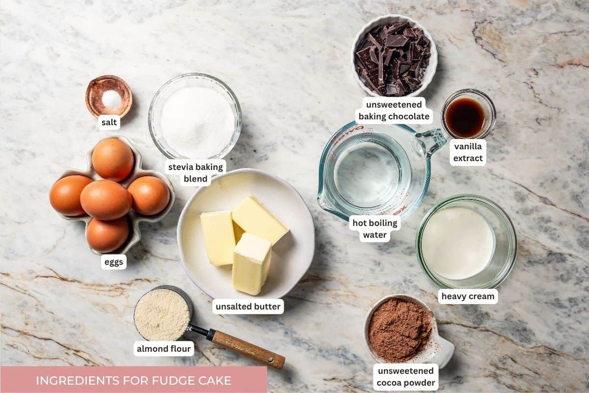 Fudge cake ingredients with text labels overlaying each ingredient.