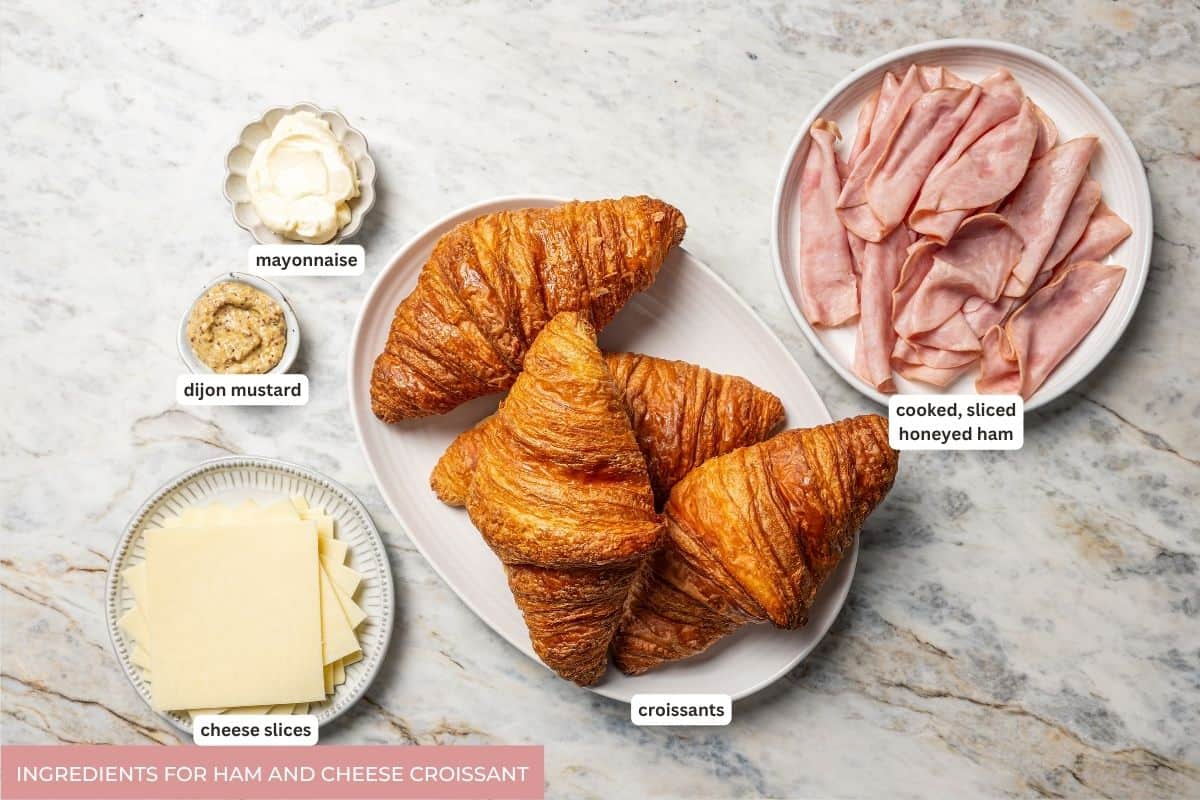 Ham and cheese croissant ingredients with labels overlaying each ingredient.
