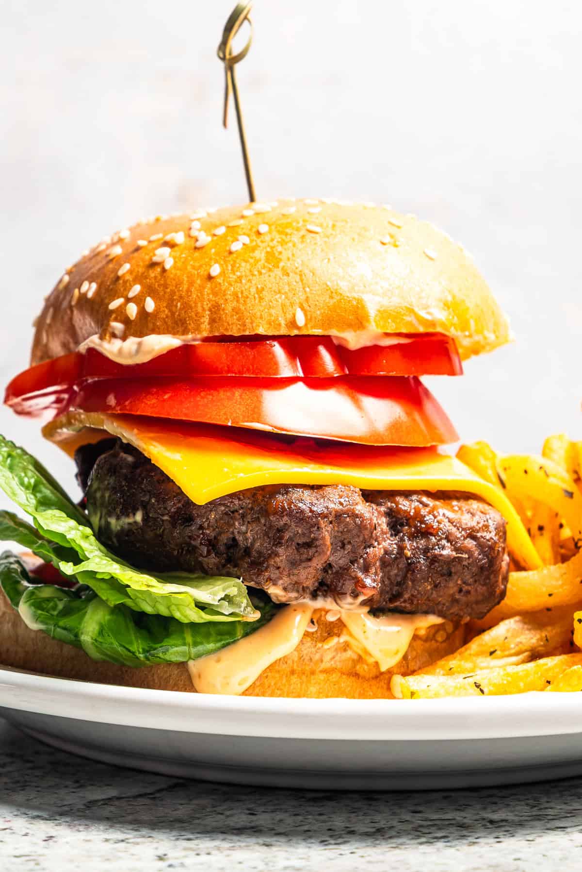 An air fryer hamburger next to fries on a plate.