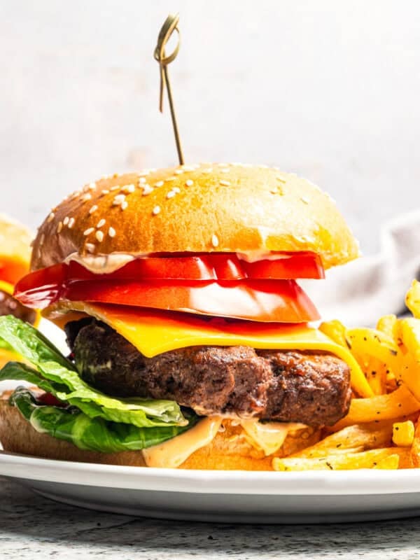An air fryer hamburger next to fries on a plate.