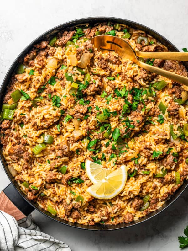 A skillet of Louisiana dirty rice.