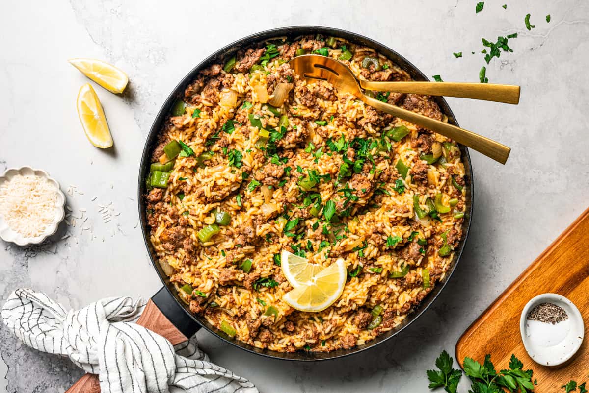 A skillet of Louisiana dirty rice.