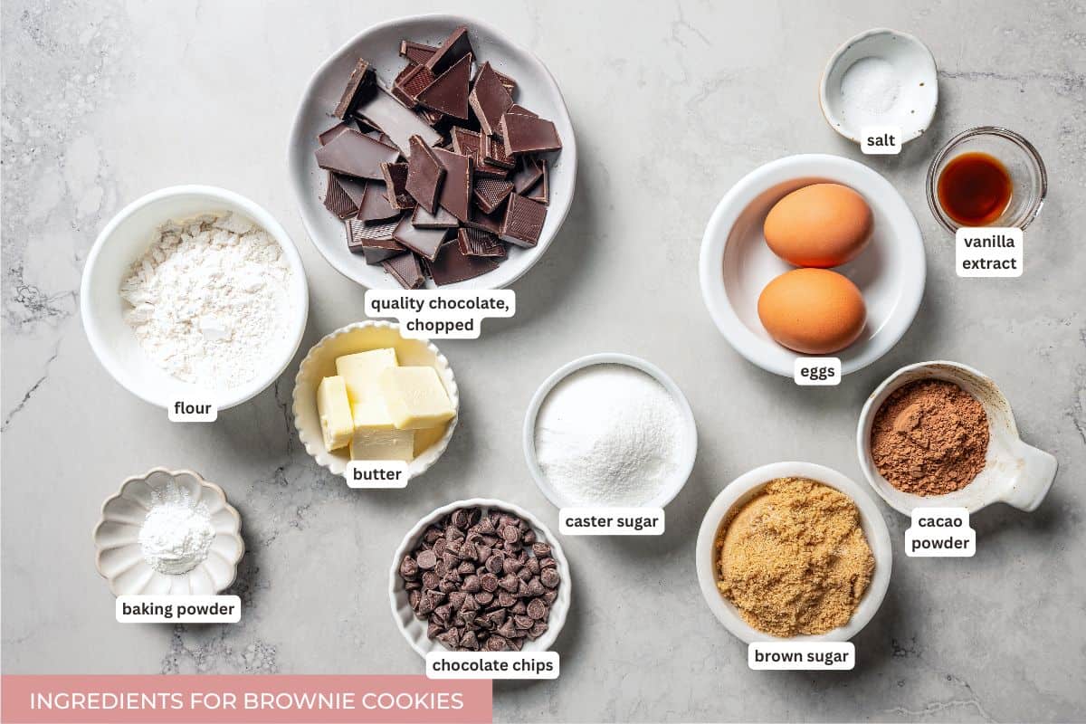 These chewy brownie cookies are the best of a fudgy brownie crossed with a soft-baked chocolate cookie! Made with real melted chocolate. Brownie cookies ingredients with text labels overlaying each ingredient.