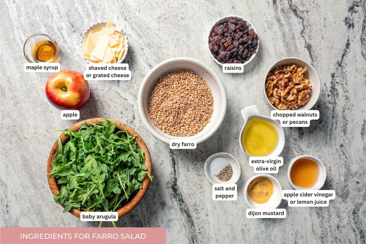 Farro salad ingredients with text labels overlaying each ingredient.
