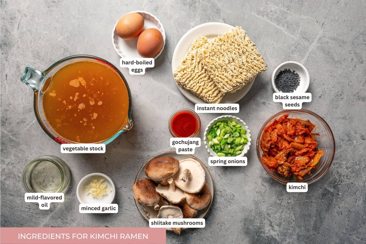 This quick and easy kimchi ramen recipe packs a spicy, savory punch with instant noodles, kimchi, shiitake mushrooms, and gochujang broth. Korean kimchi ramen ingredients.