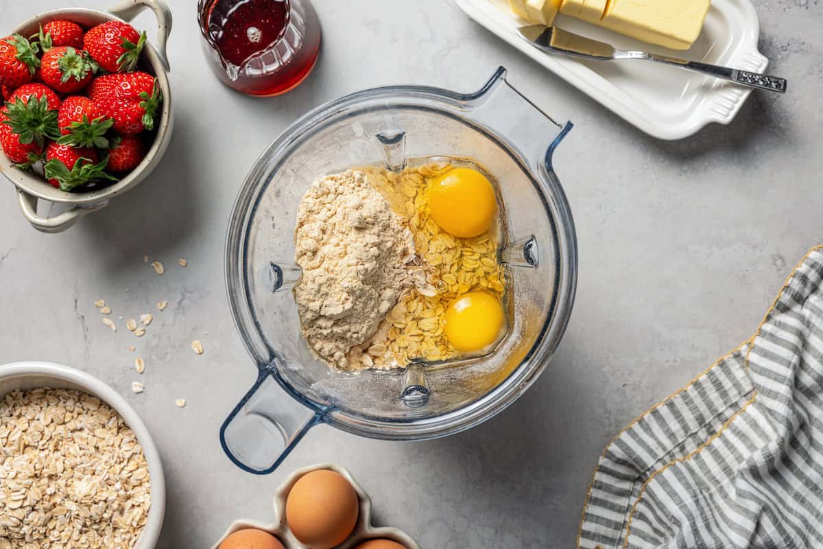 Protein waffle batter ingredients combined in the blender.
