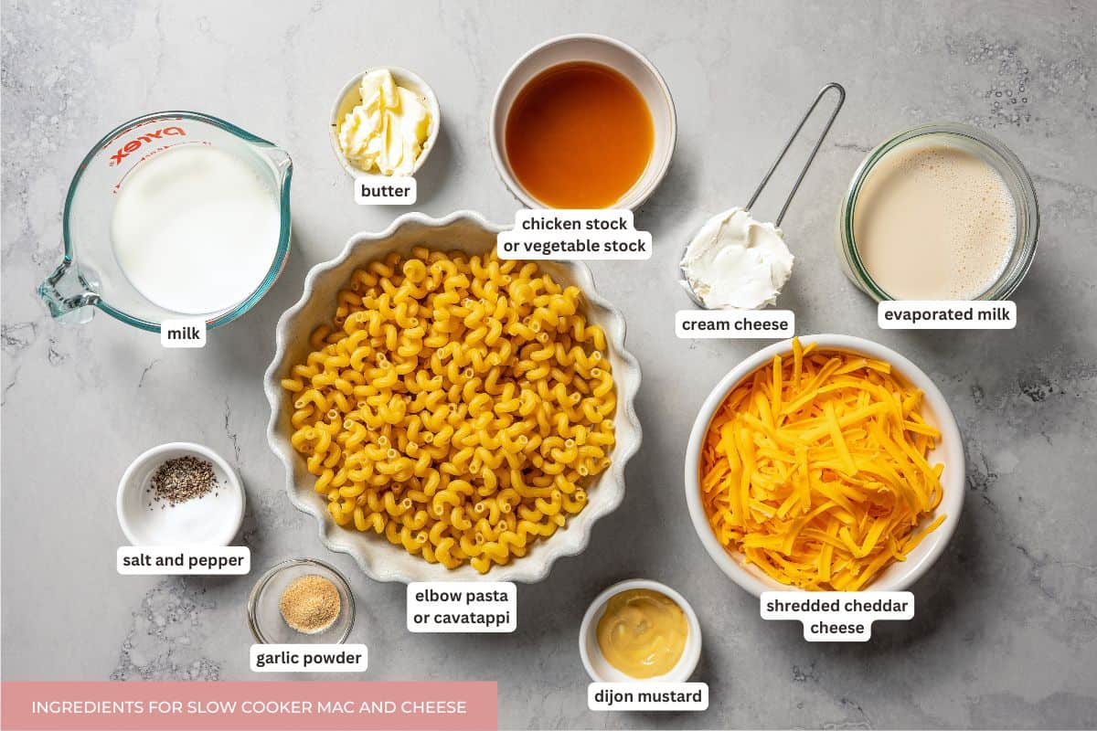Ultra-creamy slow cooker mac and cheese is a dump-and-go version of my homemade mac and cheese recipe! Perfect for potlucks and holidays. Slow cooker mac and cheese recipe ingredients.