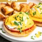 Egg Benedict made with an English muffin, Canadian bacon, a runny egg, and hollandaise sauce.