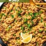 A skillet of rice with ground beef to make Dirty Rice.