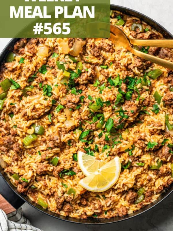 A skillet of rice with ground beef to make Dirty Rice.