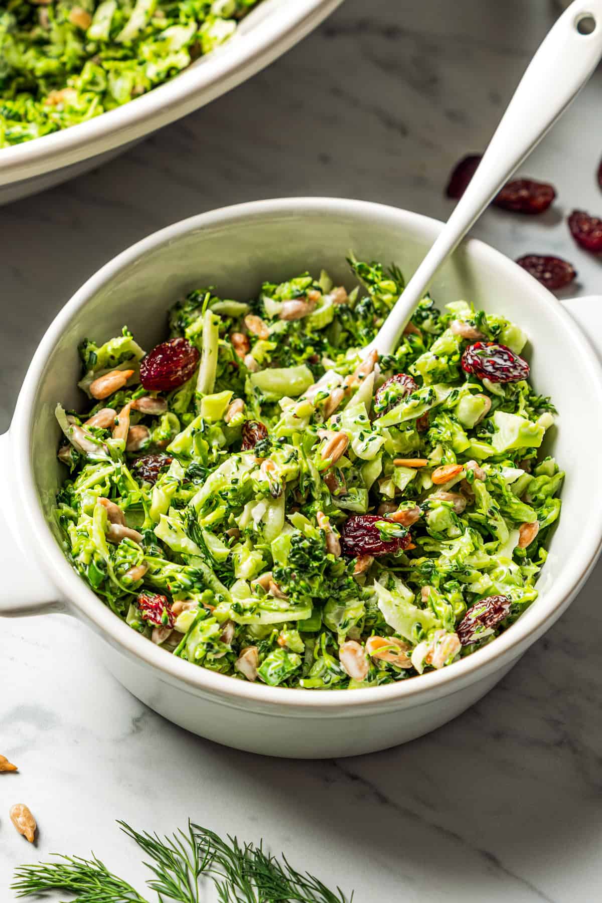 Broccoli slaw served in a bowl.