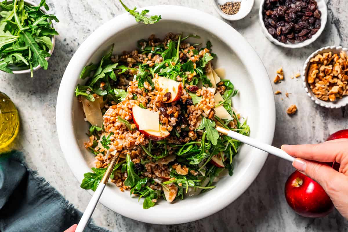 Tossing farro salad with arugula, apples, parmesan, and walnuts with maple vinaigrette in a bowl.