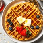 A protein waffle topped with fresh fruit, butter, and maple syrup on a plate.