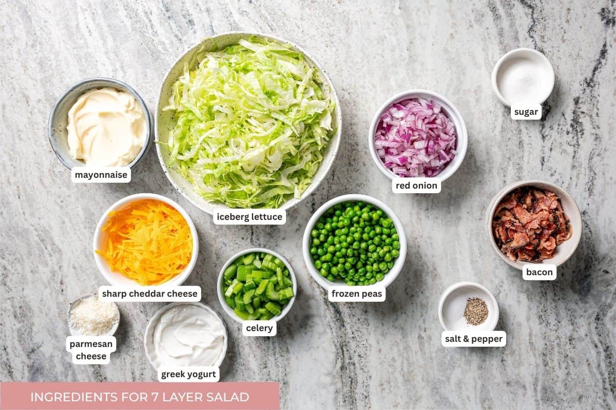 Labeled seven layer salad ingredients.
