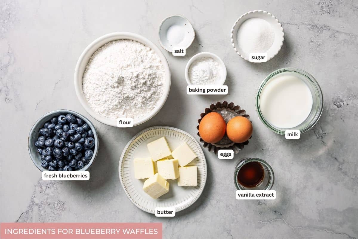These classic blueberry waffles are light, fluffy, and ready in minutes. Rest the batter, then cook until they're golden brown and crisp. Labeled blueberry waffles ingredients.