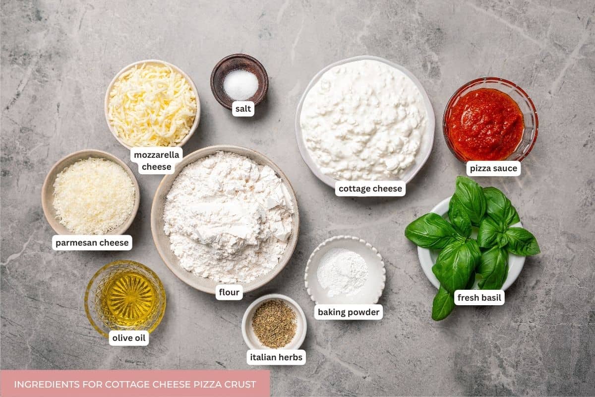 Cottage cheese pizza ingredients with text labels.