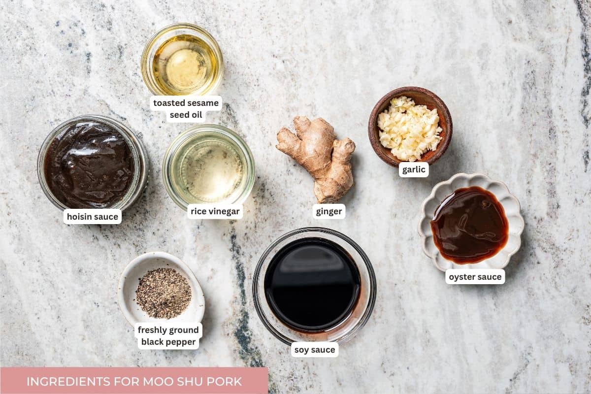 Craving moo shu pork for dinner? This homemade copycat is better than takeout and ready in 25 minutes with pork, veggies, and savory sauce. Labeled moo shu pork marinade ingredients.