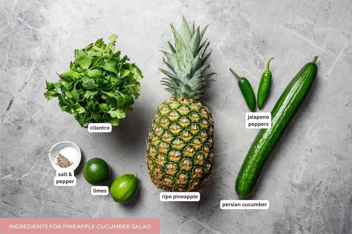 This refreshing pineapple cucumber salad is an easy side salad with fresh pineapple, crisp cucumber, spicy jalapeños, cilantro, and lime. Pineapple cucumber salad ingredients with text labels overlaying each ingredient.