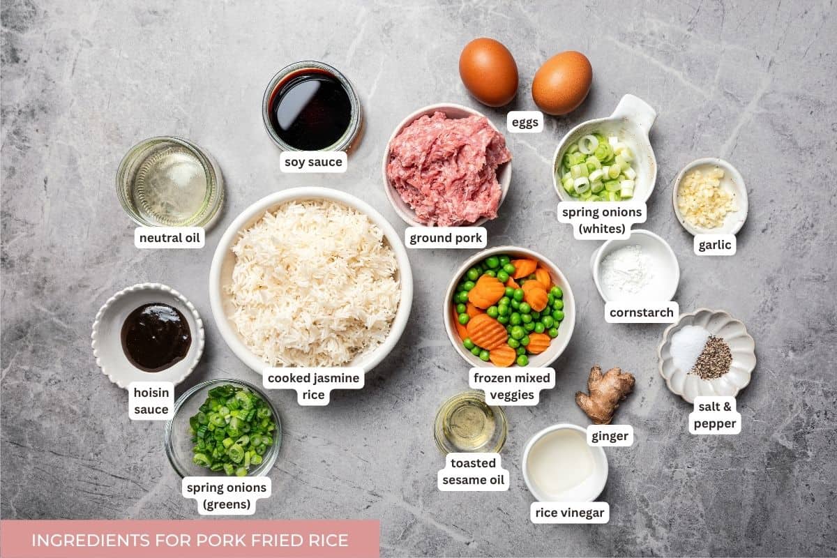 Pork fried rice is a quick, one-pan dinner packed with crispy ground pork, cooked eggs, and veggies. It's the best way to use up day-old rice! Labeled pork fried rice ingredients.