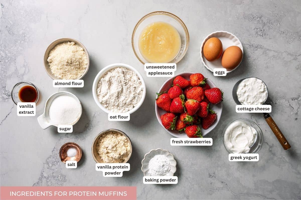 These moist strawberry protein muffins with applesauce, cottage cheese, and protein powder make an easy, light breakfast or meal prep snack! Labeled strawberry protein muffins ingredients.