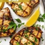 Grilled swordfish fillets on a plate.