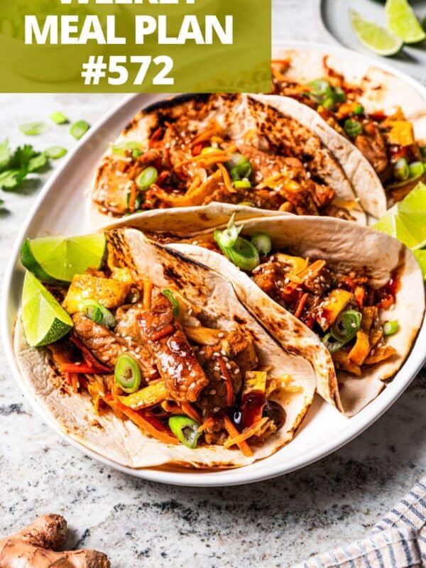 A plate of moo shu pork served in flour tortillas.
