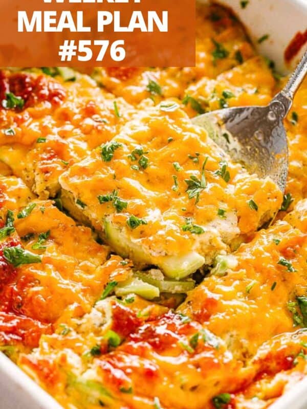 Zucchini casserole in a baking dish.