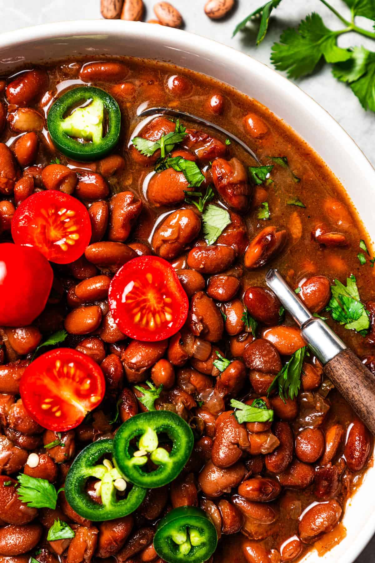 Slow cooker pinto beans are full of flavor and so easy to make. Add dry beans to the crock pot in the morning, and they’re tender by dinner! A spoon resting in a bowl of pinto beans.