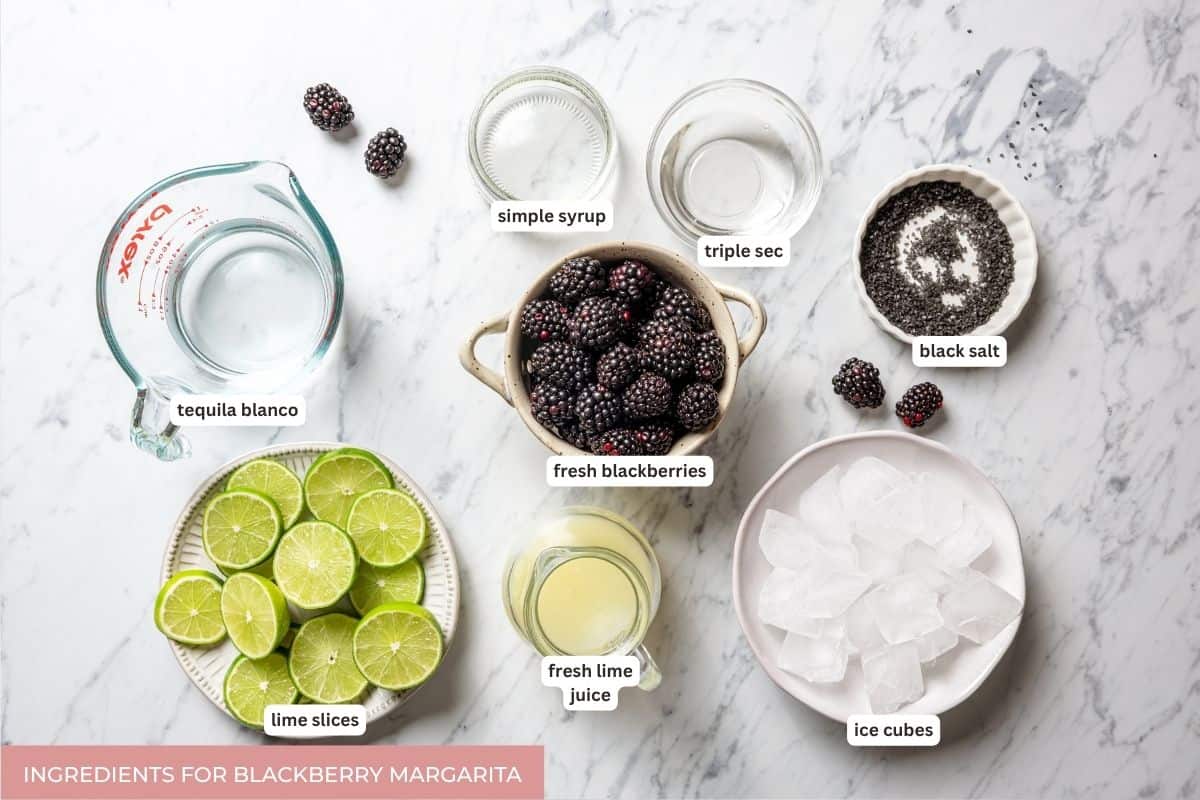 A blackberry margarita puts a refreshing, sweet-tart spin on the classic cocktail, with fresh muddled blackberries, tequila blanco, and lime. Blackberry margarita ingredients with text labels.