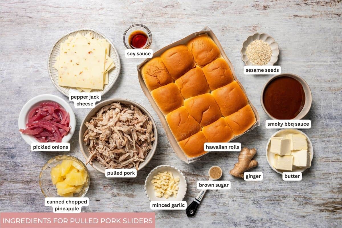These BBQ pulled pork sliders are sweet, smoky, savory, and easy to make with leftover pulled pork, melted cheese, and fluffy Hawaiian rolls. Ingredients needed for leftover pulled pork sliders with text labels.