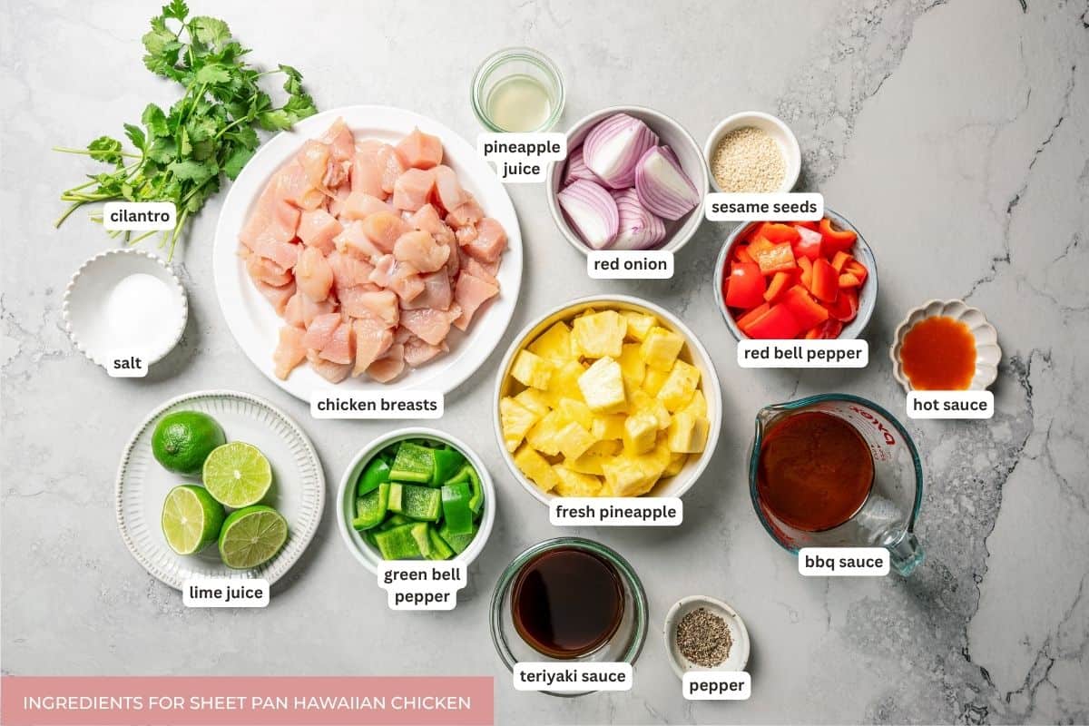 Sheet pan Hawaiian chicken ingredients with text labels.