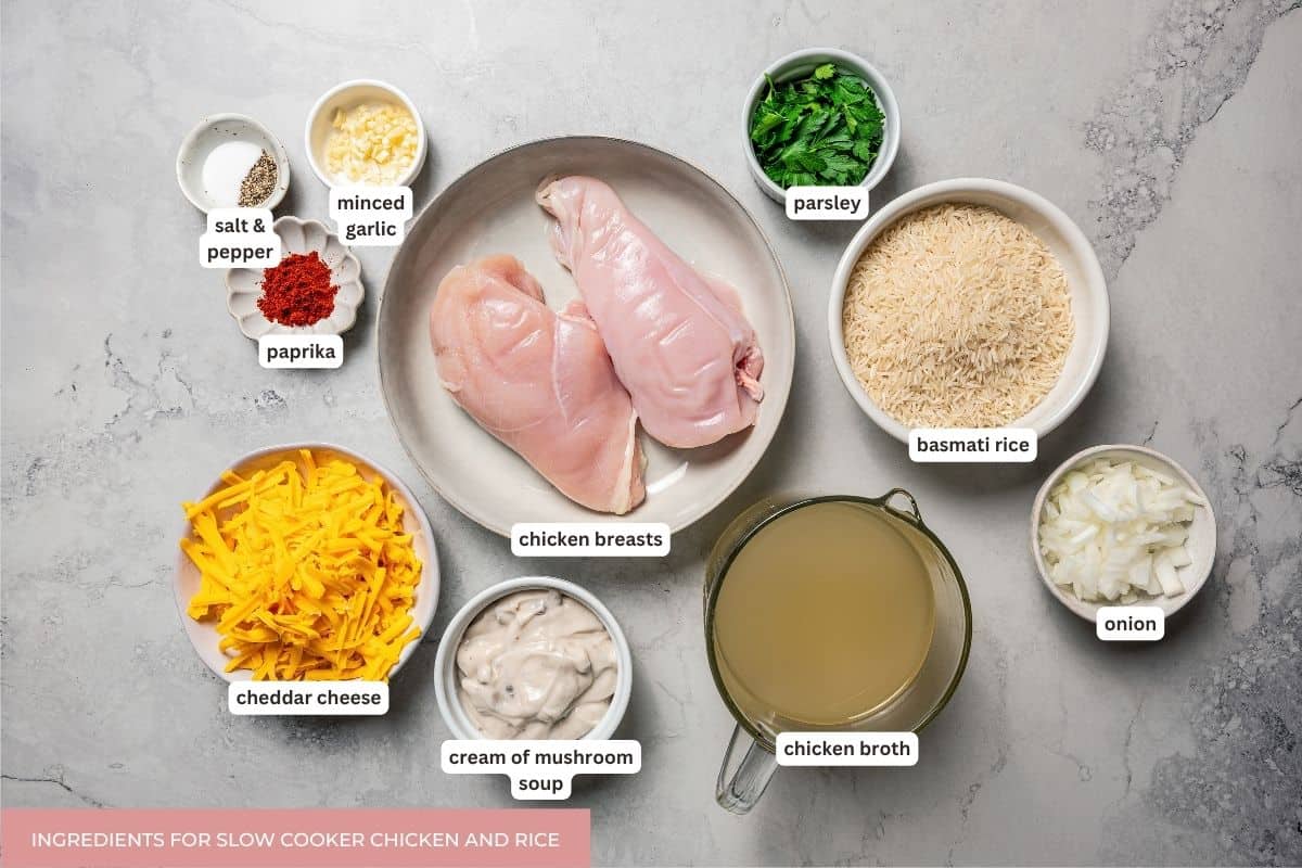 Creamy slow cooker chicken and rice is an easy one-pot dinner with rice, condensed mushroom soup, melty cheddar, onions, and juicy chicken. Slow cooker cream of mushroom chicken and rice ingredients.