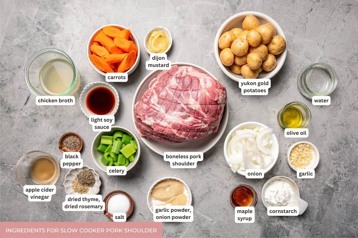 This tender, juicy slow cooker pork shoulder needs only 10 minutes of prep! It's slowly braised with hearty veggies for a cozy one-pot meal. Slow cooker pork shoulder ingredients.
