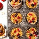 Baked oatmeal cups in a muffin pan.